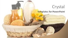 Presentation with cosmetic - Cool new presentation theme with composition of cosmetic bottles and soap in basket isolated on white backdrop and a white colored foreground