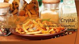  Presentation with oil - Theme enhanced with composition of delicious marinated mushrooms background and a  colored foreground