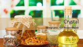  Presentation with oil and gas - Colorful theme enhanced with composition of delicious marinated mushrooms backdrop and a  colored foreground