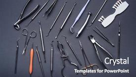  Presentation with set of different dental tools - PPT theme featuring composition of different dental equipment background and a dark gray colored foreground