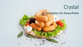  Presentation with wood board - Audience pleasing PPT theme consisting of composition of different sorts of sausages on the wood board with fresh vegetable backdrop and a sky blue colored foreground