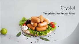  Presentation with wood board - Amazing presentation having composition of different sorts of sausages on the wood board with fresh vegetable backdrop and a light gray colored foreground