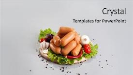  Presentation with wood board - Audience pleasing presentation consisting of composition of different sorts of sausages on the wood board with fresh vegetable backdrop and a light gray colored foreground