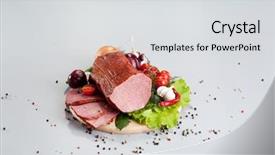  Presentation with wood board - Cool new PPT theme with composition of different sorts of sausages on the wood board with fresh vegetable backdrop and a light gray colored foreground