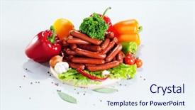  Presentation with wood board - Amazing presentation design having composition of different sorts of sausages on the wood board with fresh vegetable backdrop and a sky blue colored foreground