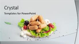  Presentation with wood board - Amazing PPT theme having composition of different sorts of sausages on the wood board with fresh vegetable backdrop and a light gray colored foreground