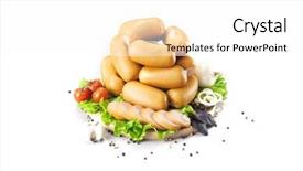 Presentation with wood board - PPT theme with composition of different sorts of sausages on the wood board with fresh vegetable background and a white colored foreground