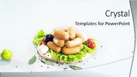  Presentation with wood board - Presentation featuring composition of different sorts of sausages on the wood board with fresh vegetable background and a cool aqua colored foreground