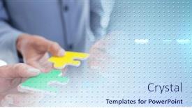  Presentation with holding puzzle pieces - PPT theme enhanced with composition-of-diverse-business-team background and a sky blue colored foreground