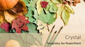  Presentation with dry - Slide deck featuring composition of dry autumn foliage gourds halloween faces on leaves and paintbrushes on wooden table background and a lemonade colored foreground