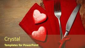  Presentation with table napkin - Colorful PPT layouts enhanced with composition of fork knife napkin and decorative hearts on cutting board on wooden table background backdrop and a tawny brown colored foreground