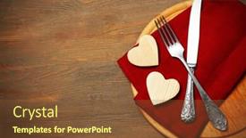  Presentation with table napkin - Beautiful presentation featuring composition of fork knife napkin and decorative hearts on cutting board on wooden table background backdrop and a tawny brown colored foreground