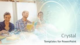  Presentation with team meeting - Presentation theme with composition-of-happy-diverse-business background and a cool aqua colored foreground