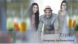  Presentation with global laptop - Presentation design having composition-of-happy-diverse-business background and a light gray colored foreground