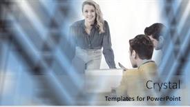  Presentation with team meeting - Presentation enhanced with composition-of-happy-diverse-business background and a light blue colored foreground