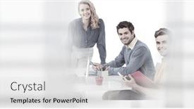  Presentation with team meeting - Slides consisting of composition-of-happy-diverse-business background and a light gray colored foreground