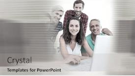  Presentation with global laptop - PPT theme consisting of composition-of-happy-diverse-business background and a light gray colored foreground