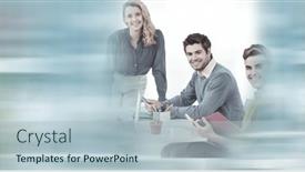  Presentation with team meeting - Presentation with composition-of-happy-diverse-business background and a light blue colored foreground