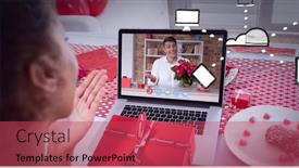  Presentation with global laptop - Slide deck consisting of composition-of-icons-over-man background and a  colored foreground