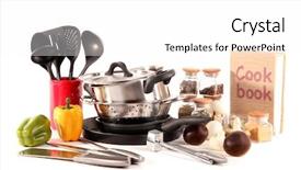  Presentation with kitchen tools and equipment - Colorful slide deck enhanced with pots pans - composition of kitchen tools spices backdrop and a white colored foreground