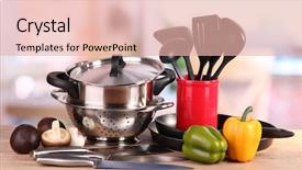  Presentation with mushrooms farm to table vegetables - Beautiful PPT theme featuring composition of kitchen tools backdrop and a lemonade colored foreground