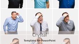  Presentation with far away - Presentation design with composition of middle age arab man over isolated background very happy and smiling looking far away with hand over head searching concept background and a lemonade colored foreground