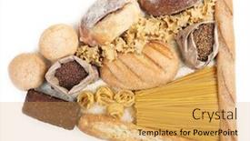  Presentation with macaroni - Presentation design featuring composition of mixed breads macaroni and grains on white background background and a yellow colored foreground