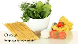  Presentation with mortar - Audience pleasing slides consisting of composition of mortar pasta and green herbals isolated on white backdrop and a yellow colored foreground