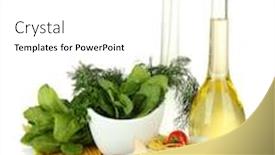  Presentation with mortar - Slide deck featuring composition of mortar pasta and green herbals isolated on white background and a white colored foreground