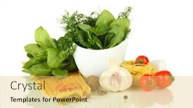  Presentation with mortar - Slide deck featuring composition of mortar pasta and green herbals isolated on white background and a yellow colored foreground