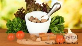  Presentation with mortar - Slide deck consisting of composition of mortar spices tomatoes and green herbs on bright background background and a gold colored foreground