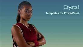  Presentation with basketball female blue - Slide deck having composition-of-portrait-of-female background and a ocean colored foreground