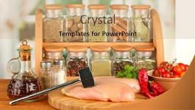  Presentation with raw meat - Amazing theme having composition of raw meat vegetables and spices on wooden table close-up backdrop and a coral colored foreground