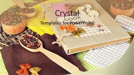  Presentation with recipe book - Audience pleasing slide set consisting of composition of recipe book and kitchen equipment on wooden background backdrop and a yellow colored foreground