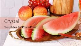  Presentation with wine barrel - Theme consisting of composition of ripe watermelon fruits pink wine in glass and wooden barrel on color wooden table on light background background and a coral colored foreground