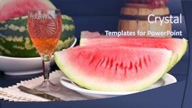  Presentation with wine barrel - PPT layouts having composition of ripe watermelon fruits pink wine in glass and wooden barrel on color wooden background background and a navy blue colored foreground