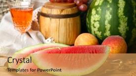  Presentation with wine barrel - Amazing presentation design having composition of ripe watermelon fruits pink wine in glass and wooden barrel on color wooden table on bricks background backdrop and a yellow colored foreground