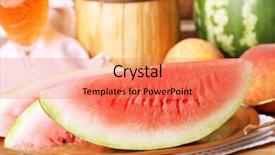  Presentation with wine barrel - Audience pleasing slides consisting of composition of ripe watermelon fruits pink wine in glass and wooden barrel on color wooden table on bricks background backdrop and a coral colored foreground