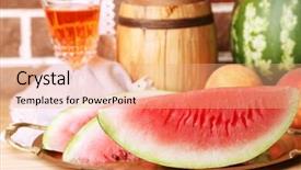  Presentation with wine barrel - Theme featuring composition of ripe watermelon fruits pink wine in glass and wooden barrel on color wooden table on bricks background background and a coral colored foreground