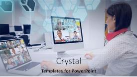  Presentation with global laptop - PPT theme enhanced with composition-of-science-icons-over background and a light blue colored foreground