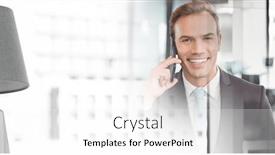  Presentation with business communication - Slide deck having composition-of-smiling-businessman-talking background and a white colored foreground