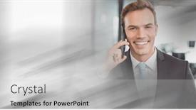  Presentation with business communication - Presentation theme with composition-of-smiling-businessman-talking background and a light gray colored foreground