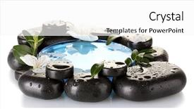  Presentation with spa stones leaves - Theme featuring composition of spa stones blue water petals and leaves isolated on white background and a white colored foreground
