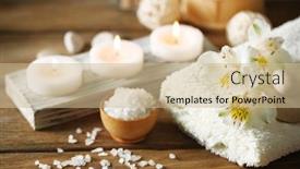  Presentation with water treatment - PPT theme with composition of spa treatment candles in bowl with water on wooden background background and a soft green colored foreground