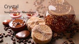  Presentation with coffee beans - Colorful presentation design enhanced with composition of spa treatment flowers and coffee beans on wooden background backdrop and a coral colored foreground