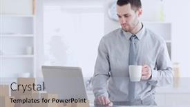  Presentation with global laptop - PPT theme enhanced with composition-of-stack-of-cardboard background and a light gray colored foreground