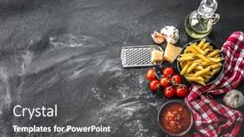  Presentation with italian cuisine - Audience pleasing PPT theme consisting of composition of traditional italian cuisine products backdrop and a dark gray colored foreground