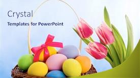 Presentation with blue tulip - Amazing PPT theme having composition of tulip bouquet with basket of easter eggs near by over blue background backdrop and a sky blue colored foreground