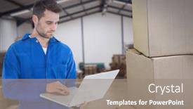  Presentation with global laptop - Colorful presentation design enhanced with composition-of-warehouse-worker-using backdrop and a gray colored foreground