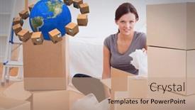  Presentation with new home - Beautiful presentation design featuring composition-of-woman-unpacking backdrop and a coral colored foreground